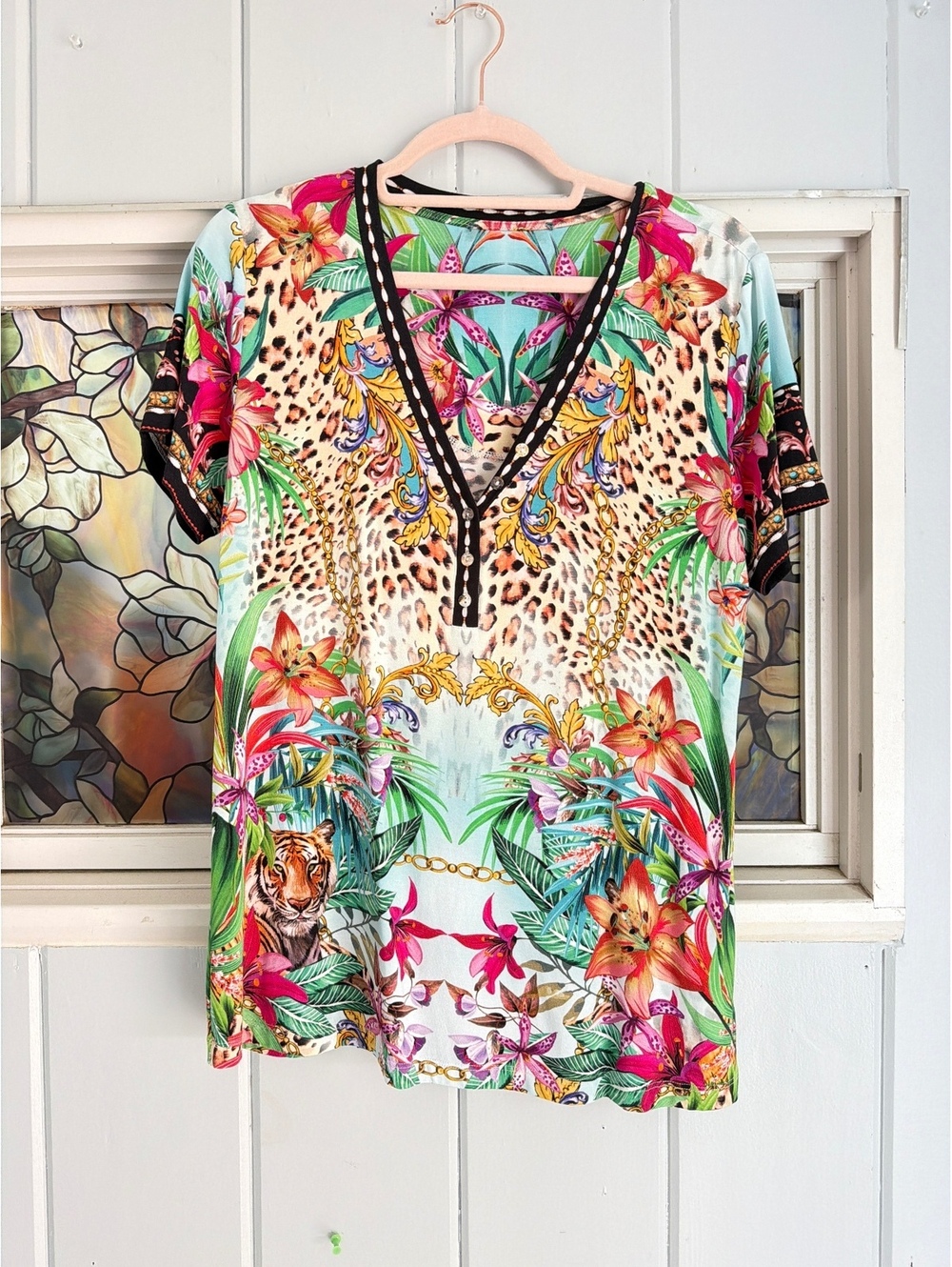 Johnny Was Tropical cheetah boho V-Neck T-Shirt